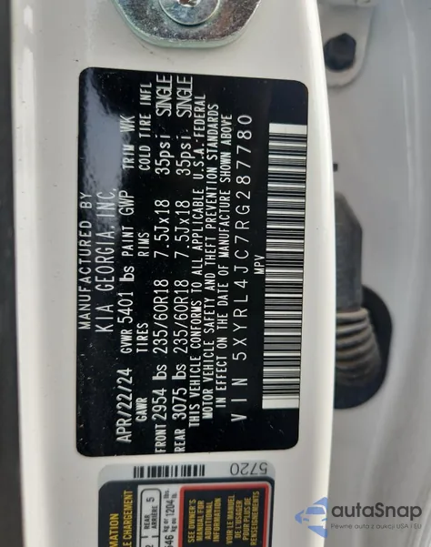 2024 Kia Sorento S z USA, uszkodzony, nr VIN 5XYRL4JC7RG287780